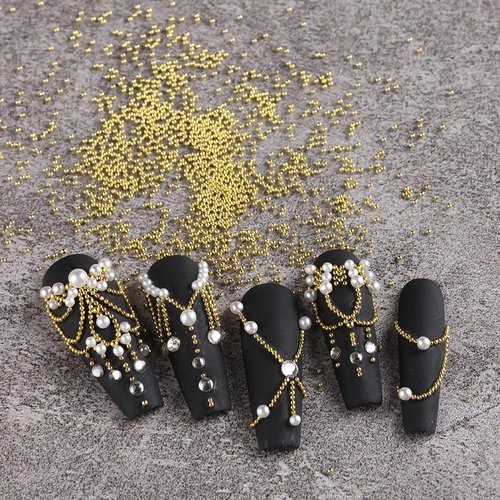 3D Mixed Sizes Nail Beads and Pearls Nail Charms Kit, Gold Silver Mini Metal Caviar Nails Beads Studs, White Flatback Round and Half Round Pearls with Pickup Pencil and Tweezers