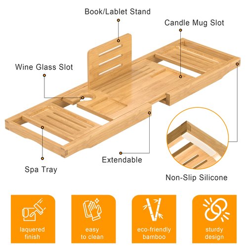 Bathtub Tray Caddy,Premium Bamboo Expandable Bath Tub Trays Table, Foldable Bathroom Accessories,Great House Warming, Anniversary and Birthday Gifts,Natural