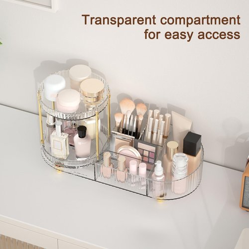 Makeup Organizer Countertop for Vanity, Rotating Perfume Tray with 5-compartment Cosmetic and Skincare Organizers, Multi-Purpose Desk Storage Makeup Brush Holder for Bathroom Bedroom Counter