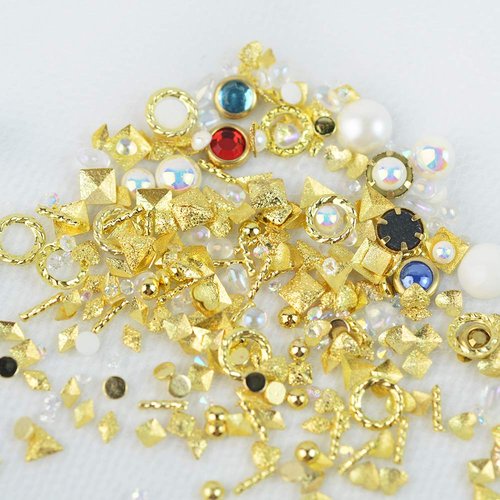 QIMYAR Nail Studs 3D Nail Charms Decals for Women,6 Box Metal Mixed Shaped Nails Art Rhinestones Jewelry Caviar Beads Decorations With Tweezers Supply Kit Gold Silver Rose Gold