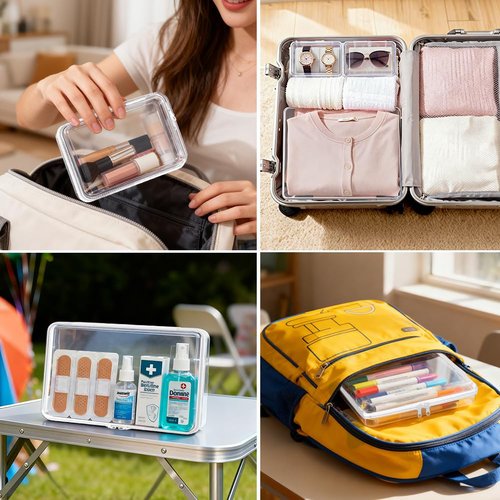 4Pcs Clear Hard Shell Zipper Case -Transparent Pouch Bag Storage Case Plastic Packing Cube Sided Organizer Container Box, Lightweight Foldable for Travel, Pencil, Cosmetics, Toiletry, Toy(SMLXL)