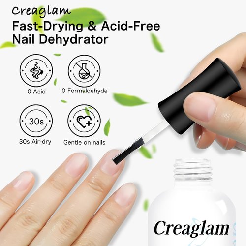 Creaglam Nail Dehydrator and Primer: 15ml Professional Nail Prep Acid Free & Hema-Free Primer and Dehydrator for Acrylic and Gel Nail Polish Manicure Gift Nail Supplies