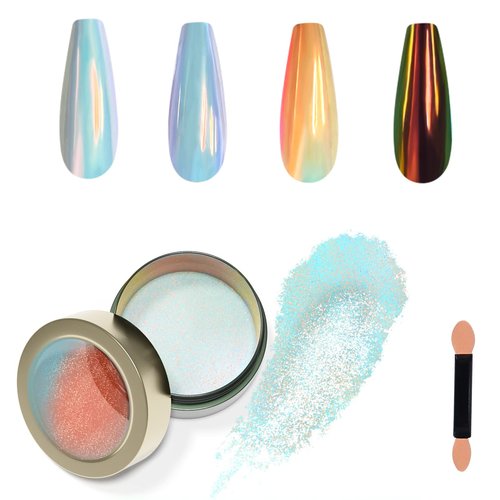 Allstarry Unicorn Chrome Nail Powder, Aurora Mermaid Iridescent White Pearl Nail Chrome Powder Pigment Glitter Fairy Dust for Nail Art, Manicure, Gel Nail Polish - Orange Sunset
