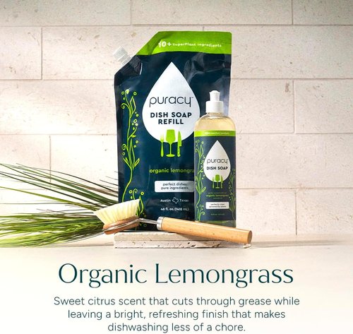 Puracy Natural Dish Soap - Skin-Softening Plant-Based Formula | Organic Lemongrass, 16 fl oz, 3 Pack