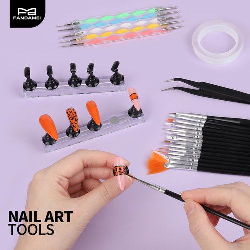 FANDAMEI Nail Art Tools, Nail Brush, 15 PCS Nail Art Brushes, 5 PCS Nail Dotting Tool, Nail Stand, Nail Holder For Painting Nails, Nail Tools, Nail Design Tools, Black
