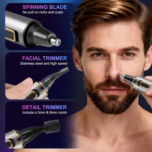 AREYZIN Nose Hair Trimmer for Men,Rechargeable Ear and Nose Trimmer,2 in 1 Painless Professional Eyebrow & Facial Hair Trimmer with IPX7 Waterproof Dual Edge Blades,Wet/Dry Use(Grey)