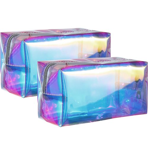 Boao Holographic Makeup Bags - 2 Pcs Clear Glitter Travel Cosmetic Pouches | Zipper Toiletry Organizers