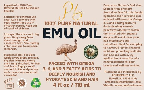 Pomberries Emu Oil, 100% Pure Australian Emu Oil – Refined & Unscented – Natural Moisturizer for Hair, Skin, Face & Body – Helps with Scars, Dry Skin & Massage – 4 fl oz Glass Bottle
