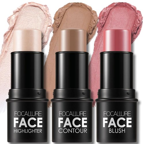 FOCALLURE Cream Contour Sticks Set - 3 Pcs with Highlighter, Bronzer & Blush | Non-Greasy, Long-Wear Makeup - Light-Medium