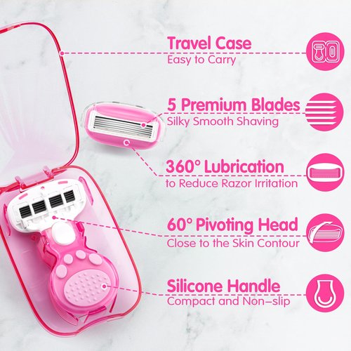 DreamGenius Travel Razors for Women, Travel Size Toiletries Include 1 Handle and 2 Cartridges, Extra Smooth 5-Blade Travel Essentials Razor with Case for Shaving, Pink