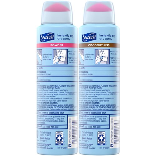 Suave Antiperspirant Deodorant for Women, Powder & Coconut Kiss Dry Spray Variety 2-Pack – 48H Protection, Anti-Staining Formulas, Talc-Free