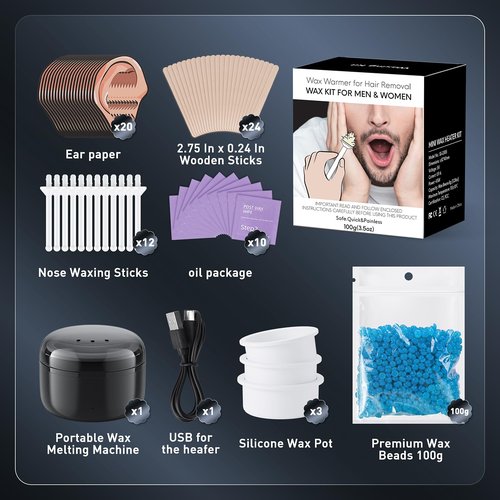 Azang Nose Wax Kit Men 100g Wax USB Fast Heat Unisex Suitable for Different Body Parts Smart Constant Temp 12 Nose Hair Sticks 3 Silicone Pots Valentine's Day Gifts