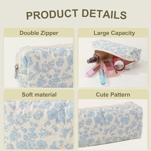 SoGhhd Cute Mini Quilted Makeup Bag for Women Travel Cosmetic Bags Lightweight Coquette Aesthetic Floral Toiletry Organizer Case (Floral#01)