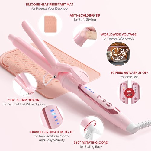Ryanboo 1 Inch Curling Iron, 5 Temperature Settings, Professional Spring Hair Iron for All Hair Types, Max 430℉ with Heat Resistant Mat (1 Inch Pink)