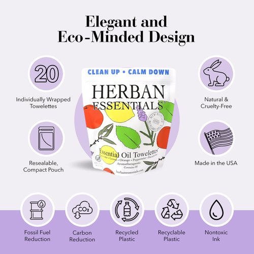 Herban Essentials - Assorted Wipes & Towelettes - Essential Oil Wipes for Hands, Face and Body - Travel Size Essentials and Toiletries - Natural, Individually Wrapped, Disposable and Moist (20 count)