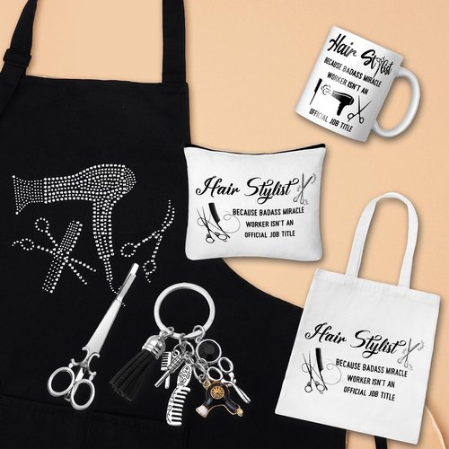 Coume 7 Pcs Hairdresser Gift Set for Women Hairstylist Apron Tote Bag Makeup Bag Mugs Scissors Charm Keychain Scissor Hair Clips and Box for Female Inspirational Appreciation Gifts