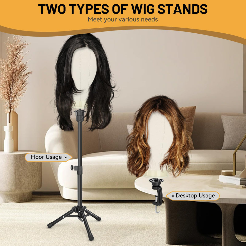 Yekavo Wig Stand with Head 23", Height Adjustable Tripod Stand 30", Wig Head Stand with Canvas Block Mannequin Head, Include Table Clamp Stand, Wig Caps, T Pins for Wigs Styling, Making & Display