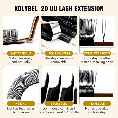 KOLYBEL U Eyelash Extension 2D UU Lash Extensions 0.07 D Curl Handwoven U Shaped Lash Easy Fan 8-15mm Russian Volume Crisscross Eyelashes Extension(2D UU-0.07-D-8-15mm)