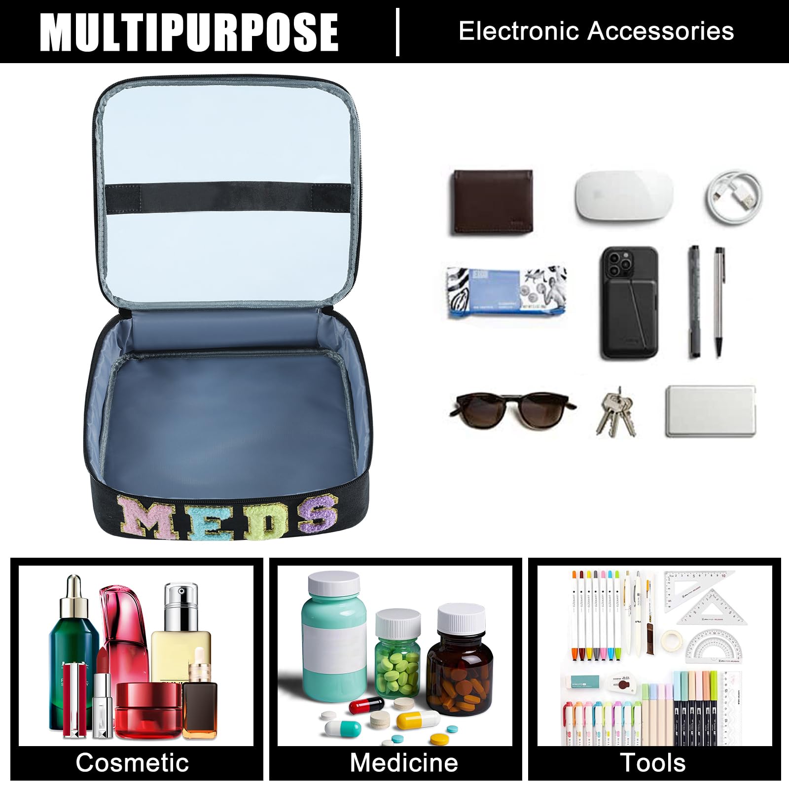 YUDEYG Medicine Bag Organizer for Travel - Large Transparent Top Pill Bottle Organizer with MEDS Patch, Water-Resistant Nylon Medication Bag for Toiletries & Cosmetics (Black, Navy, Gray) (Black)