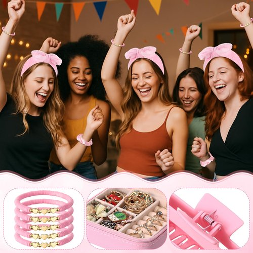 Liliaafar 36 Pcs Teen Girl Party Favors Preppy Gifts Sets Bulk 6 Friendship Bracelets 6 Bow Spa Headband 6 Scrunchies 6 Hair Clip 6 Jewelry Cases 6 Makeup Bags for Women Friend Preppy Gifts(Pink)