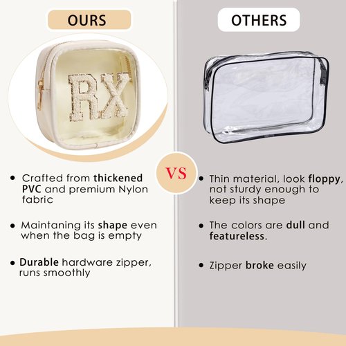 RSRSLEII Small Chenille Letter Clear Medicine Makeup Bags,Nylon PVC Waterproof Rx Pouch with Metal Zipper, Cute Drug First Aid Travel Organizer for Women Girls(06Beige)