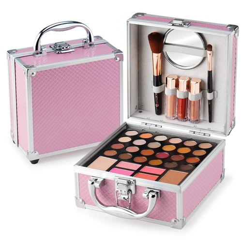 Skiennix Beginner Makeup Kit for Teens - 24-Color Eyeshadow Palette, Blush, Bronzer, Lipstick & Case (Pink)