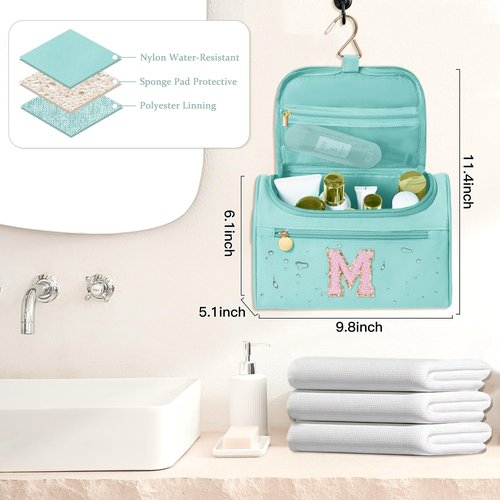 COSHAYSOO Travel Gifts for Women Travelers Trip Unique Initial Hanging Toiletry Bags, Personalized Gifts for Female Friend Friendship Wife Girlfriend Anniversary Bestie Birthday Party Favor Teal M