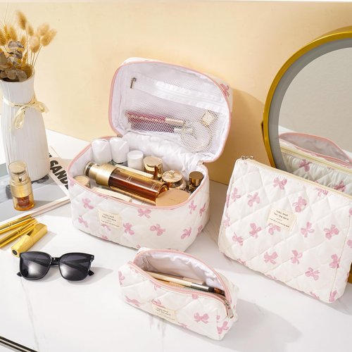 UUYUUY Makeup Bag for Women 3PCS Quilted Cotton Make Up Bag Travel Cosmetic Bag Large Makeup Bag Set Cute Bow Makeups Purse Organizer Floral Toiletry Pouch