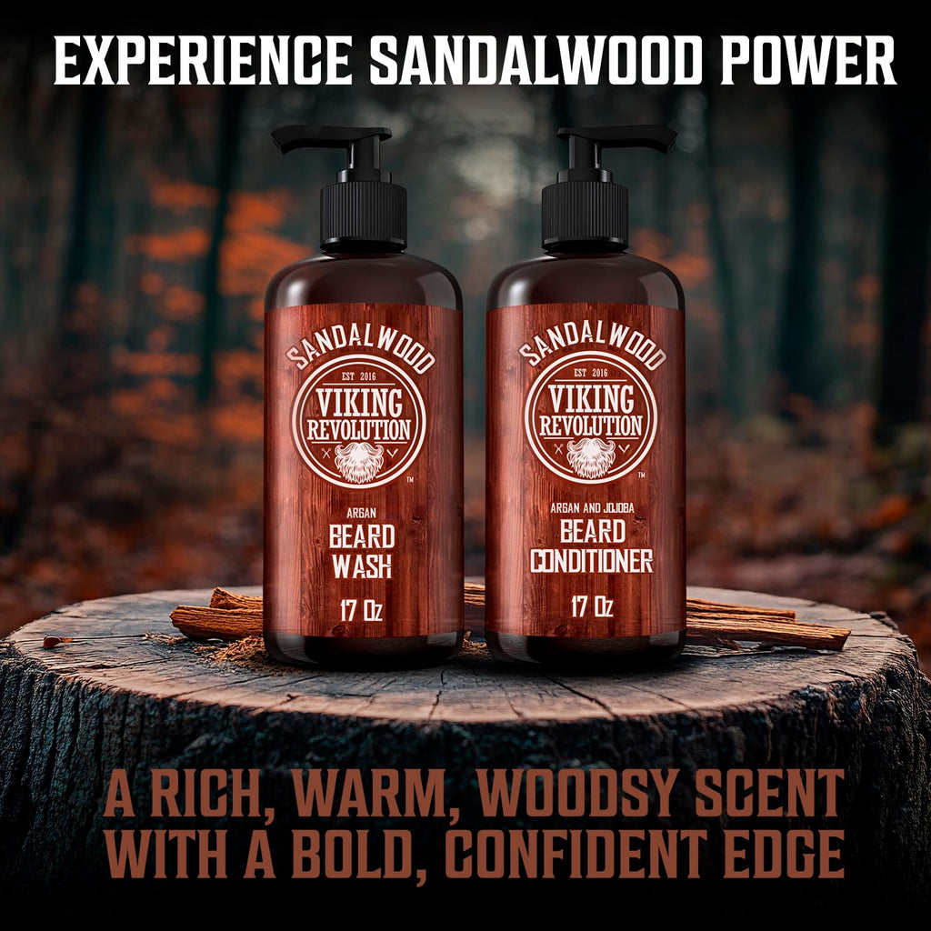 Viking Revolution Beard Wash & Beard Conditioner Set with Argan & Jojoba Oils - Softens and Strengthens - Natural Sandalwood Scent - Beard Shampoo with Beard Oil (17 oz)