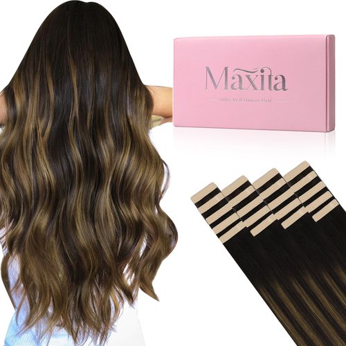 MAXITA Tape in Hair Extensions Human Hair 18 inch 50g 20pcs Balayage Dark Brown to Chestnut Brown Real Human Hair Extensions Real Remy Seamless Straight Hair Extensions for Women