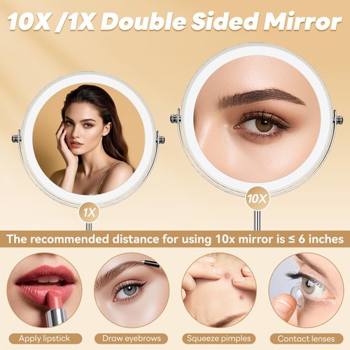 DYETUNY 10x/1x Lighted Vanity Makeup Mirror, 2000mAh Rechargeable Height Adjustable Double Sided, Magnifying Mirror with 3 Color Light, Brightness Adjustable, 360° Rotation, Women Gift