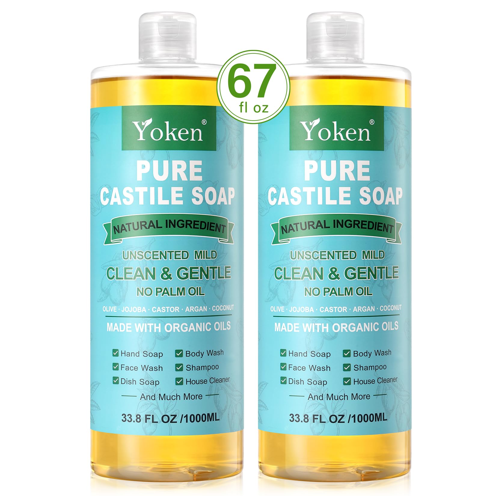 Yoken Pure Castile Soap Liquid Unscented 67 fl oz Castile Liquid Soap Made With Organic Oil, Clean & Gentle, No Palm Oil, Vegan, Natural Castille soaps for Face Body Hand Wash, Dishes Multi-purpose