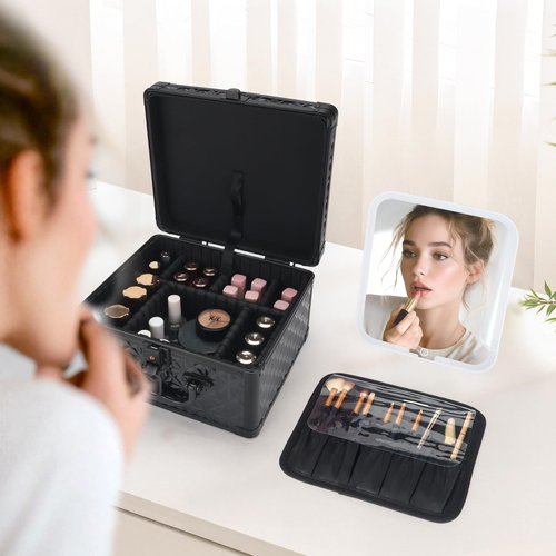HAISKY Makeup Case, Travel Train Case with Magnetic LED Mirror, Waterproof Cosmetic Organizer with Adjustable Divider, 3 Color Mode - Sparkling Black