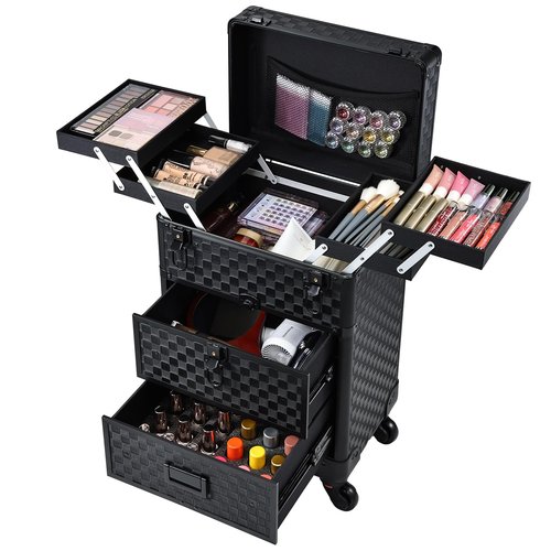 Stagiant Rolling Makeup Case with Drawers Cosmetology Case on Wheels 3 IN 1 Makeup Case 2 Drawers with Foot Stand Spring-release Mechanism Rolling Make Up Organizer for Artist Salon Nail Teach Trunk