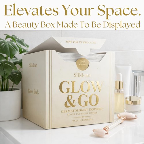 Silklean Glow and Go, XL Disposable Face Towel 10x15 inch, 100% Biodegradable Premium Towels for Fine Line Prevention and Smooth Radiant Skin, 50 Count, Chemical-Free-1 PACK