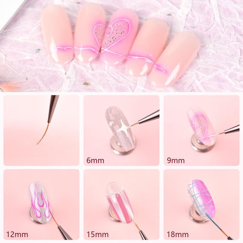 KADS Fine Liner Nail Brush Metal Handle Nail Painting Design Brush Drawing Pen 6mm 9mm 12mm 15mm 18mm (Set of 5Pcs)