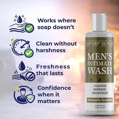 Andre Seals Intimate Wash for Men – Gentle Male Hygiene Cleanser with Aloe & Tea Tree, Rich Lather for Daily Freshness