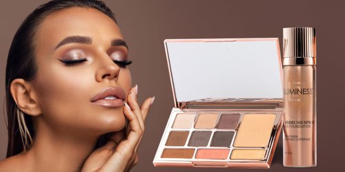 LUMINESS Face Time All In One Makeup Kit - Includes Face Palette, Airbrush Foundation, and Makeup Brush - Long-Wearing, Silky, Soft, Easy to Blend, 3-PC Make Up Set (03 - Light Medium)