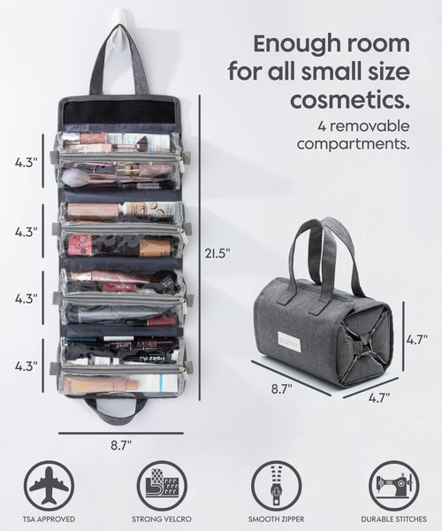 eldimer Small Roll Up Toiletry Bag for Traveling Women - Travel Makeup Bag with 4 Removable Compartments - Hanging Toiletry Bag - Cosmetic Travel Bag - Medicine Bag - TSA Approved Toiletry Bag