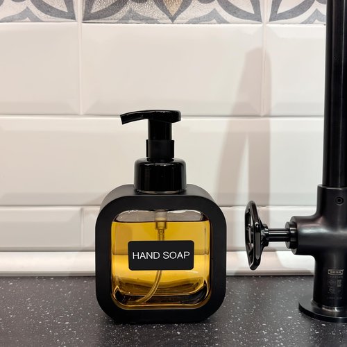 SVLX YIXVN Foaming Soap Dispenser, 2 Pack 300ml (10oz) Plastic Refillable Foaming Hand Soap Dispenser with 16 Pcs Waterproof Labels, Foam Pump Bottle for Bathroom and Kitchen (Black)