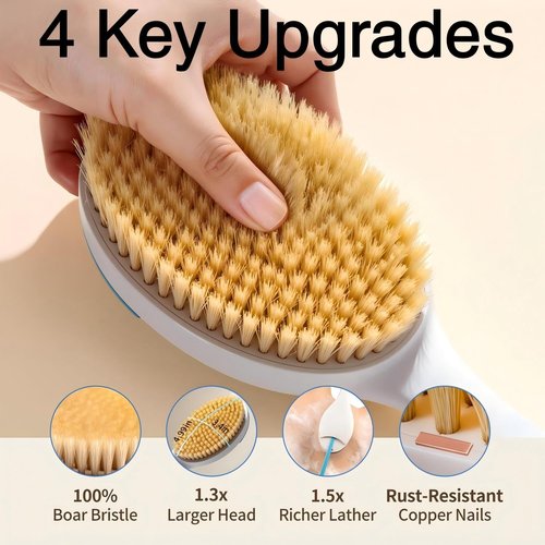 BUBBLEDANCE® Back Scrubber for Shower with Extendable Long Handle (17.5-31.9"), 1.3X Larger Natural Stiff Bristles, Anti-Slip Shower Brush for Deep Exfoliating, Bath & Dry Brushing
