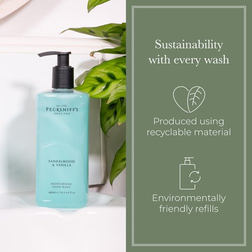 Pecksniff's Hand Wash - Liquid Hand Soap for Soft Skin, Natural, Revitalising, Hydrates and Moisturises, Handcrafted in England, Cruelty Free, Gift of Luxury 480ml/16.2 fl oz (Sandalwood & Vanilla)