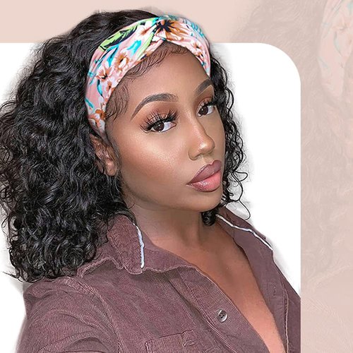 Claudianie Water Wave Headband Wig Human Hair for Black Women 12 Inch Wet and Wave Headband Wig Brazilian Virgin Hair Glueless None Lace Front Water Wave Wigs Human Hair Natural Black 150% Density