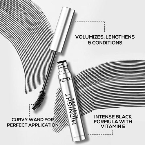 Renee Midnight Mascara - Unique 360-Degree Wand for Clump-Free Volume & Length, Darkest Black