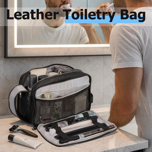MIRASON Travel Toiletry Bag for Men Leather Travel Bag for Toiletries, Dopp Kit Water-resistant Shower Bag for Shaving Bathroom Organizer Gifts for Men, Black