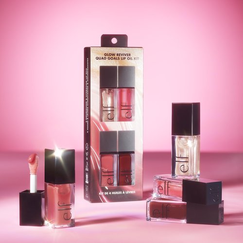 e.l.f. Glow Reviver Quad Goals Lip Oil Kit, 4 Hydrating, Non-Sticky Glossy Tinted Lip Oils, Lip Gloss Set, Moisturizing Lip Care, Vegan & Cruelty-Free
