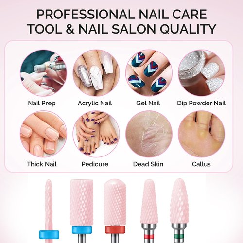 MelodySusie Ceramic Nail Drill Bits Set, 3/32'' (2.35mm) Professional Acrylic Nail File Drill Bit for Manicure Pedicure Cuticle Gel Nail Polishing, 5Pcs, Pink