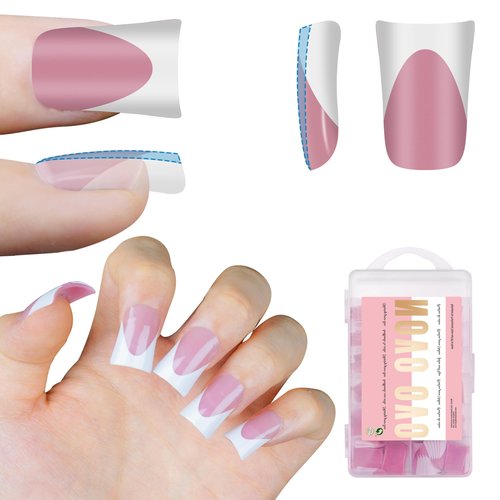 NOVO OVO French Tip Short Duck Nail Tips Press on, Pre-designed Soft Gel Nail Extension, BERRY PINK Pre-applied Tip Primer & Base Coat, Full Cover Matte Vrial False Nails for DIY x 12 Sizes 240 pcs