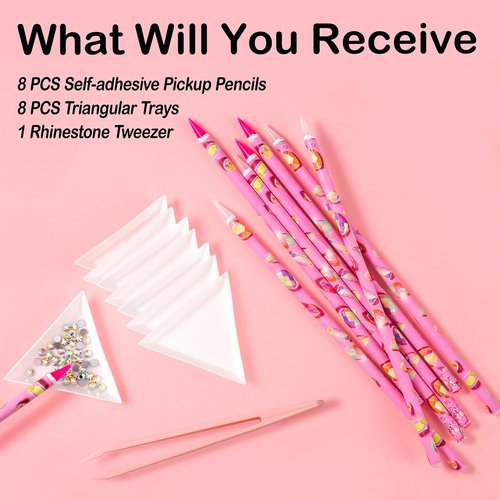 17Pcs Rhinestone Picker Tool Kit, Self-Adhesive Wax Pencil for Rhinestones and Diamond Painting, Jewel Picker Tool Dotting Tools for Nail Art, Little Nail Gem Tool with 8 Rhinestone Tray Nail Tweezers