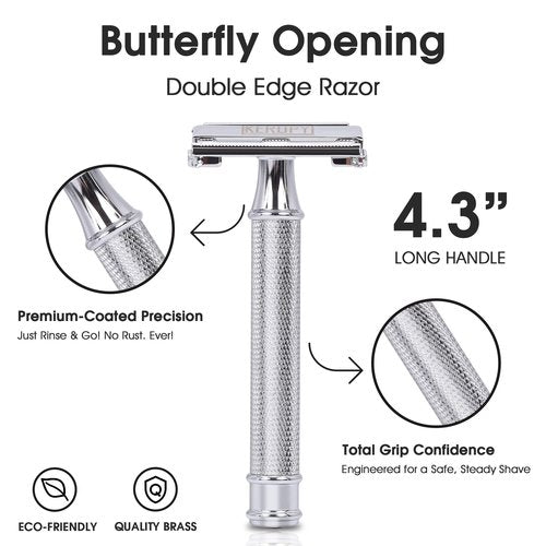 Safety Razor for Men, Premium Stainless Steel Butterfly Open Comb DE Razor, Weighted Heavy Handle with 10 Double Edge Blades, Mirror Polished Silver - Luxury Gift Set for Dad, Groom